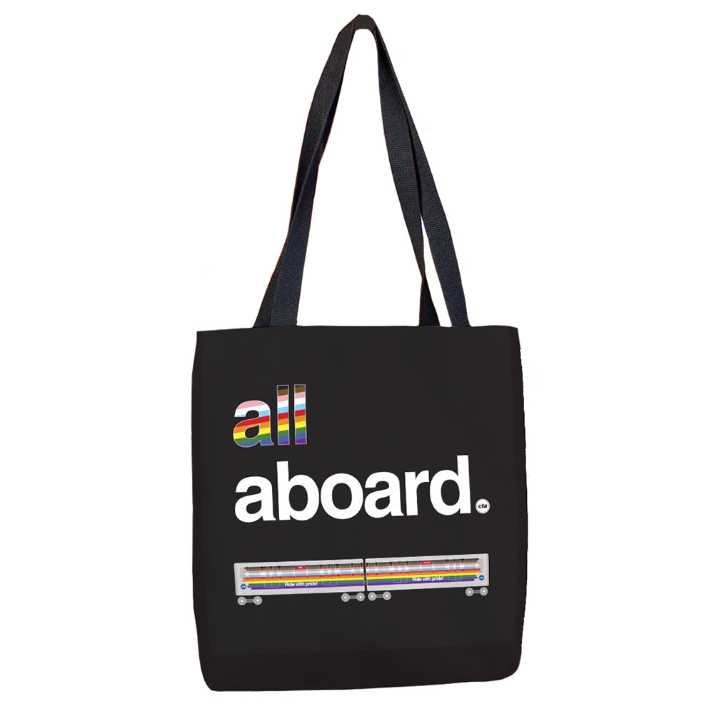 All Aboard (on Black + Train) Tote Bag